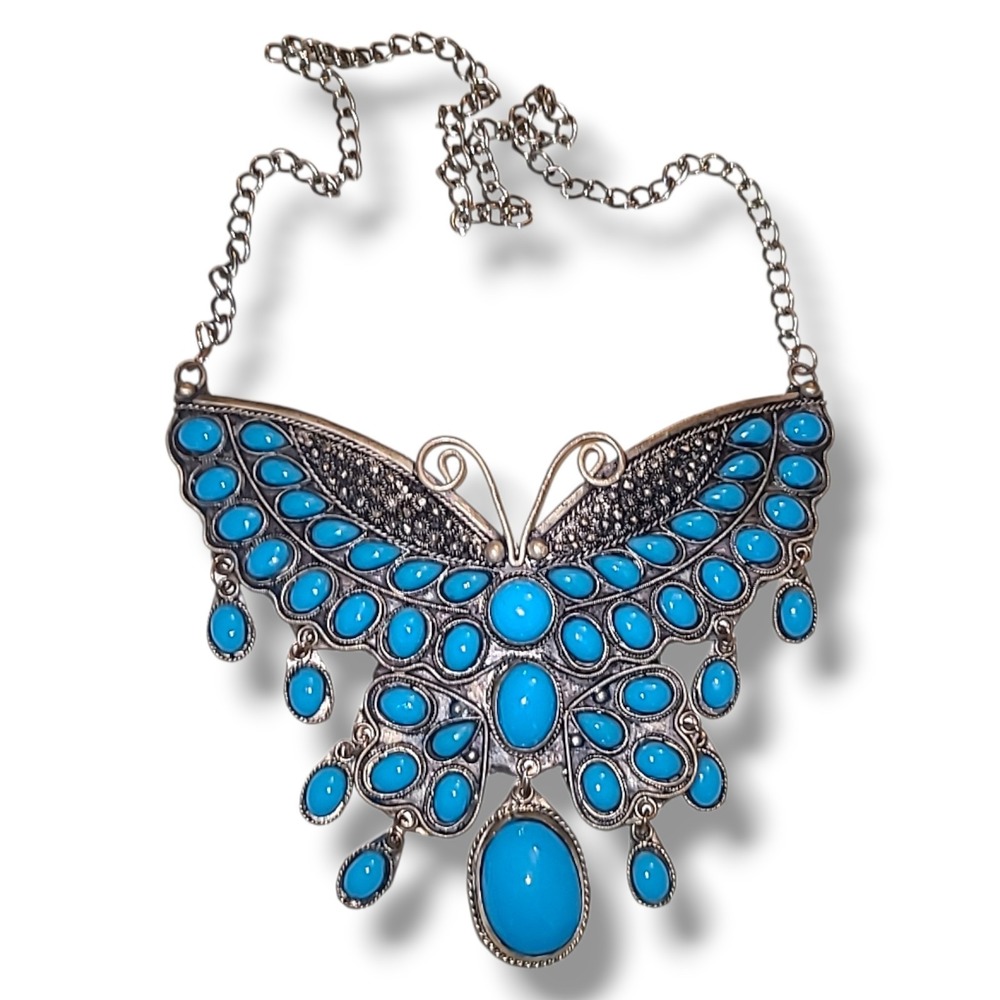 Vintage Large Butterfly Bib Statement Necklace Blue Glass Cabochons Silver Tone